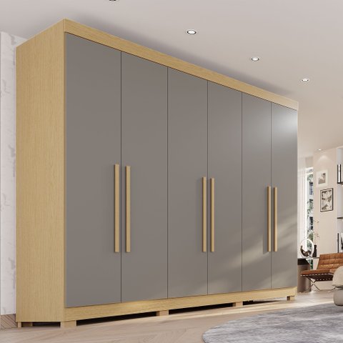 Guarda-Roupa Casal 6 Portas 6 Gavetas com Pés 100% MDF Órion Plus Cinza/Jequitibá/Granizo