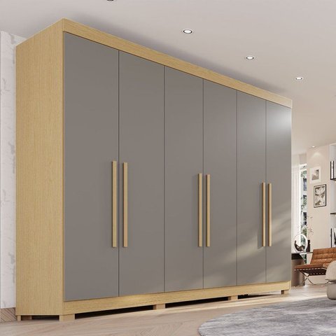 Guarda-Roupa Casal 6 Portas 6 Gavetas com Pés 100% MDF Órion Plus Cinza/Jequitibá/Granizo