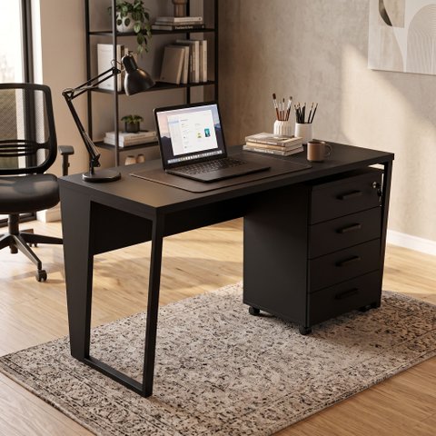 Mesa Escrivaninha Industrial 135cm C/ Gaveteiro 4 Gavetas F5 Cor:preto