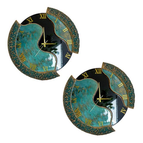 Kit 2 Relógios de Parede Grande 60cm Luxo - Fundo Preto com Verde Mesclado Premium