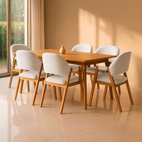 Kit 6 Cadeiras de Jantar Noah Estofada com Braço Madeira Maciça Linho Bege - Arkell