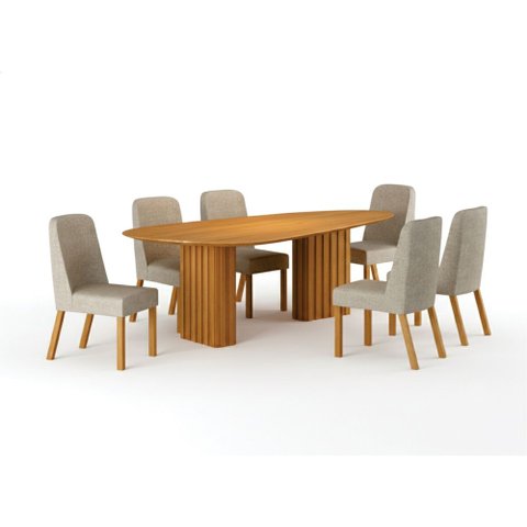 Conjunto Sala de Jantar Ísis 2,00m com 6 Cadeiras Tampo Orgânico s/ Vidro Cinamomo Cinamomo/Linho Pa