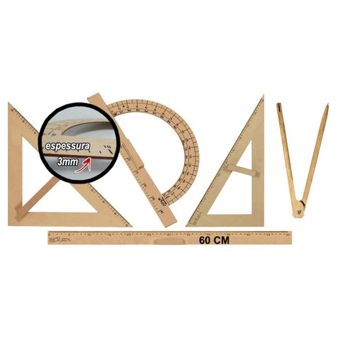 Kit Geométrico do Professor Mdf Com Régua 60 cm, 1 Compasso Para Giz 1 Esquadro 30 Graus 1 Esquadro 