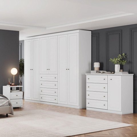 Quarto Casal Completo Americana 7 Portas 12 Gavetas Branco HP Móveis Henn