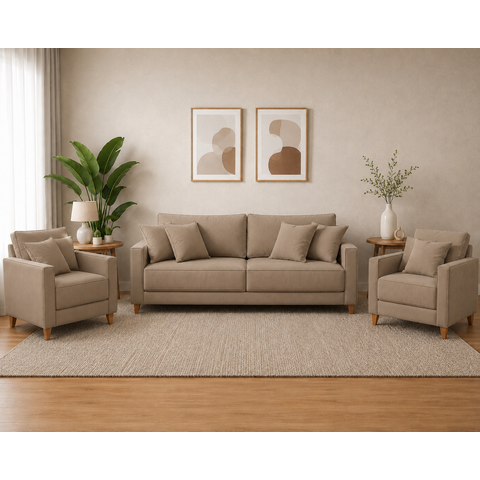 Conjunto Lisboa Linho Bege Premium - Sofá 1.80 m + 2 Poltronas