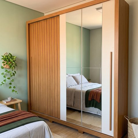 Guarda Roupa Casal 2 Portas 2 Gavetas com Espelho e Cabideiro 245x233x55cm