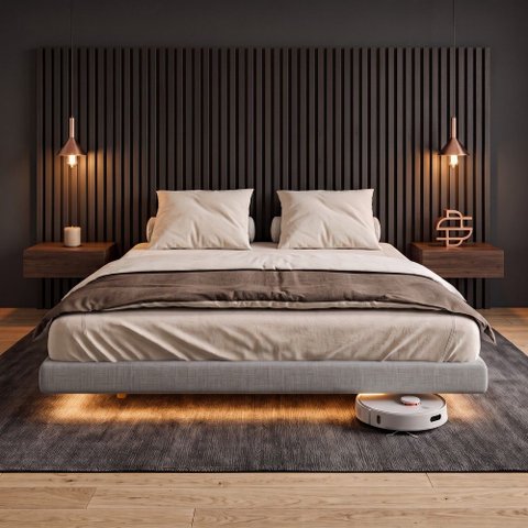 Cama Box Queen Osaka Flutuante Estilo Japonesa 158x198 Base Estofada Linho Cinza - Desk Design