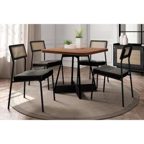 Conjunto: Mesa Sala Jantar Átria 1593 Aço C/ Tampo Madeirado 90x90cm e 4 Cadeiras Lux Preto/nogal