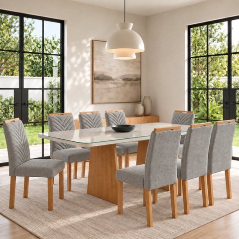 Conjunto Sala de Jantar 8 Lugares Retangular Tampo Vidro/MDF 200x90cm Mesa Lyra e Cadeiras Carol