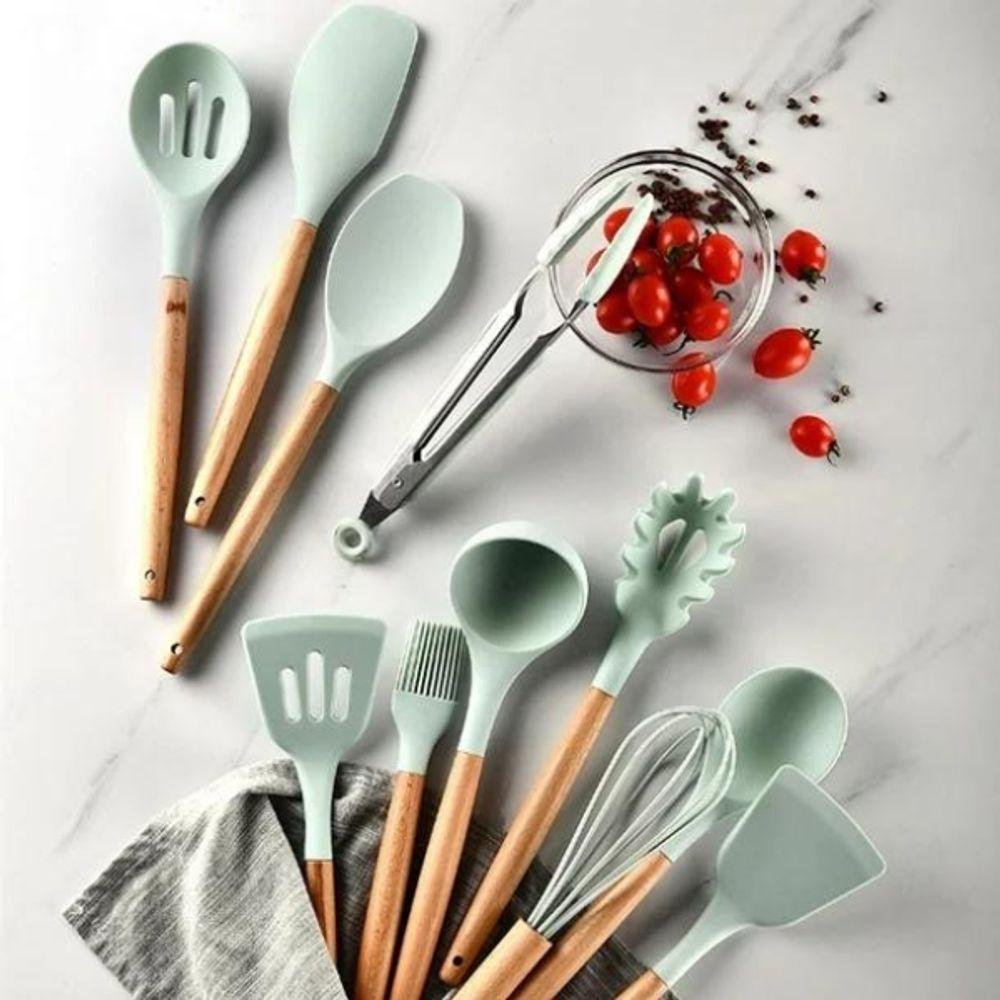 Kit Utensílios Cozinha 12 Peças Silicone Antiaderente Verde - 4