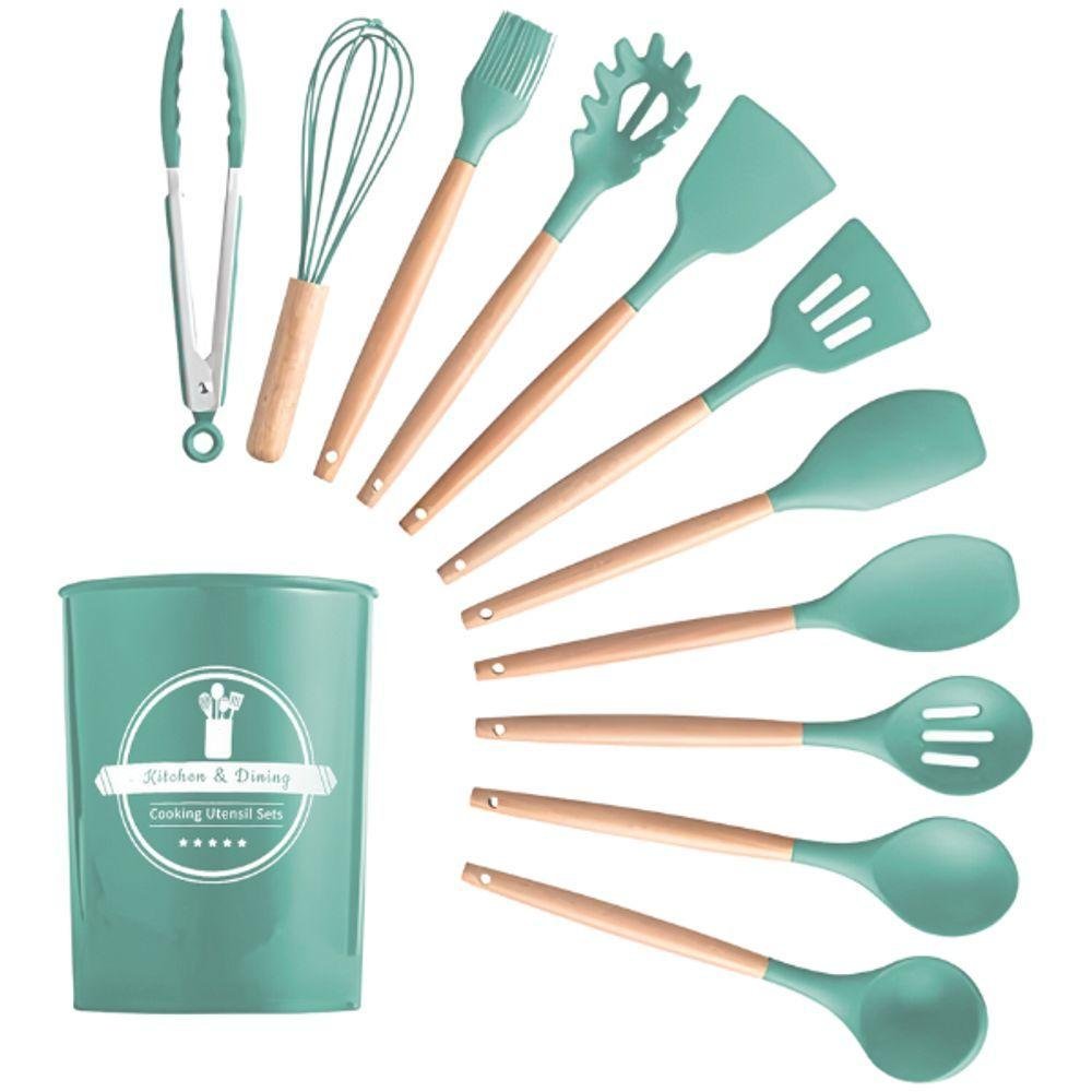 Kit Utensílios Cozinha 12 Peças Silicone Antiaderente Verde