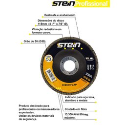 20 Peças Disco Flap Curvo 4.1/2 115mm Metais Ferrosos Grão 50 Stein - 4