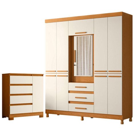 Guarda Roupa Casal New Fusion 10 Portas e Cômoda Sapateira Olimpia Cinamomo Off White - Móveis