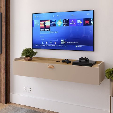 Rack Suspenso Home Classic Estante Tv 32 Polegadas 1 Porta Puxador Concha Quarto Sala Recepção Retrô