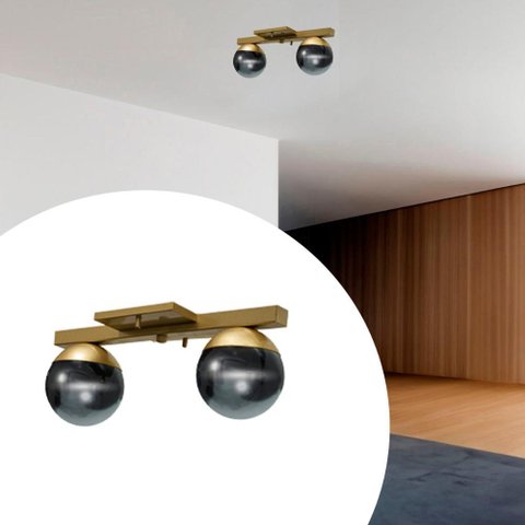 Plafon Sobrepor de Teto Lustre Jabuticaba Dourado com 2 Globo Vidro Fume para Sala, Cozinha, Quarto