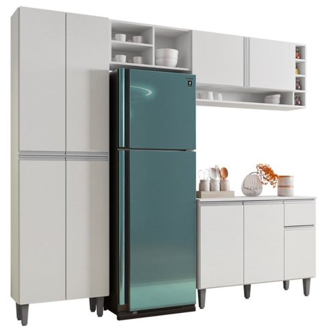 Cozinha Compacta Amélia Balcão 3 Portas + Paneleiro 4 Portas Branco