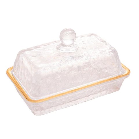 Manteigueira De Cristal Martelado Dourada 17CmX10,5CmX10Cm