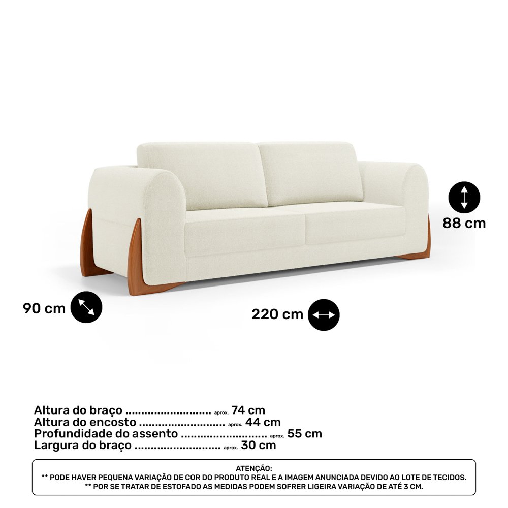 Sofá Living Bloom 220cm 03 Lugares com Pés de Madeira Bouclê Off White - Desk Design - 4