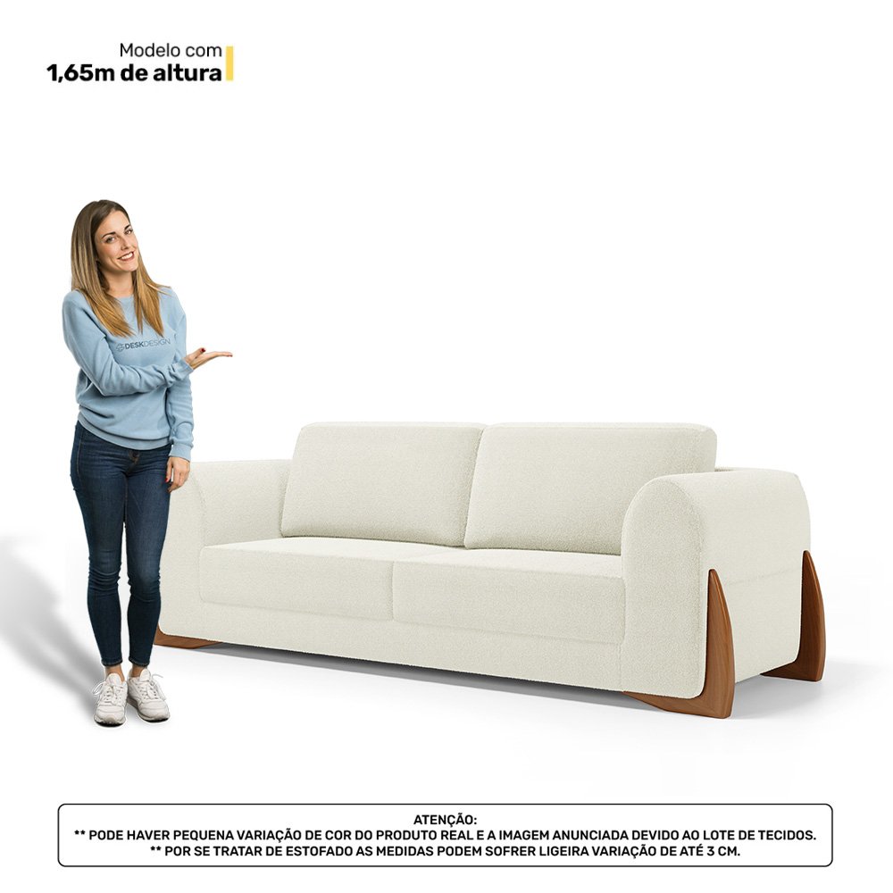 Sofá Living Bloom 220cm 03 Lugares com Pés de Madeira Bouclê Off White - Desk Design - 6