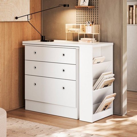 Escrivaninha Mesa Escritório em L Retrátil com Cômoda Módulos e Complementos 3 Gavetas 91,3cm Branco