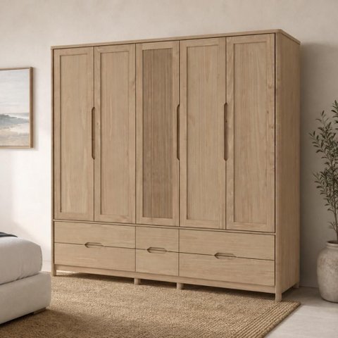 Guarda Roupa Casal 5 Portas 6 Gavetas 220cm Madeira Maciça Benton F06 Tauari - Lyam Decor