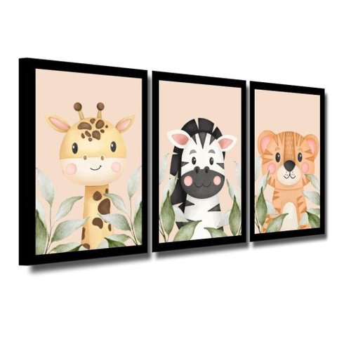 Kit 3 Quadros Safari Aquarela Infantil Quarto Vidro 20x30cm Título Moldura Azul