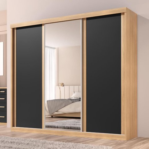 Guarda Roupa Casal Sevilha 3 Pts Correr 6 Gav C/ Porta Espelho Inteiro Moldura Alumínio Teka/onix