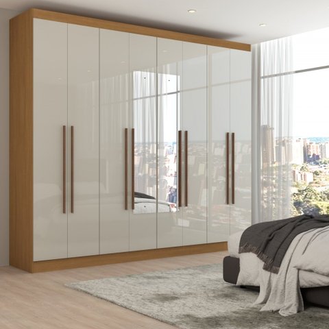 Guarda-roupa Ele e Ela 8 Portas 8 Prateleiras com Espelho Cinamomo/off White - Panorama Móveis