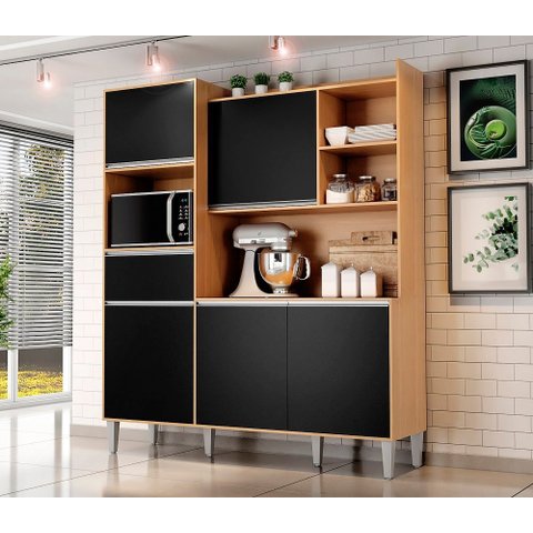 Cozinha Compacta Kit Isabel 5 Portas 1 Gaveta e Nicho P/ Microonda - Amendoa/preto Ajl
