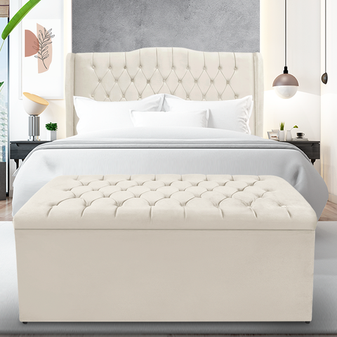 Kit Cabeceira e Calçadeira Baú Dubai Casal 140 Cm - Veludo Bege Claro