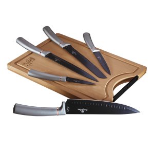 Jogo de 5 Facas Afiadas Inox Tábua Madeira Churrascos Chef Santoku Cozinha Faqueiro Berlinger Haus