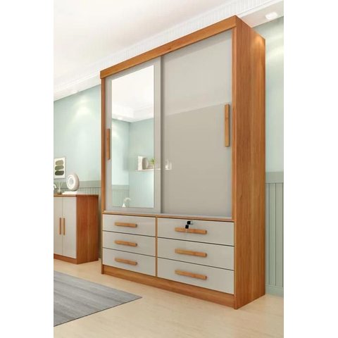 Guarda Roupa Solteiro com Espelho 2 Portas de Correr 6 Gavetas 133cm Chicago Cinamomo/Off White - TCIL Móveis