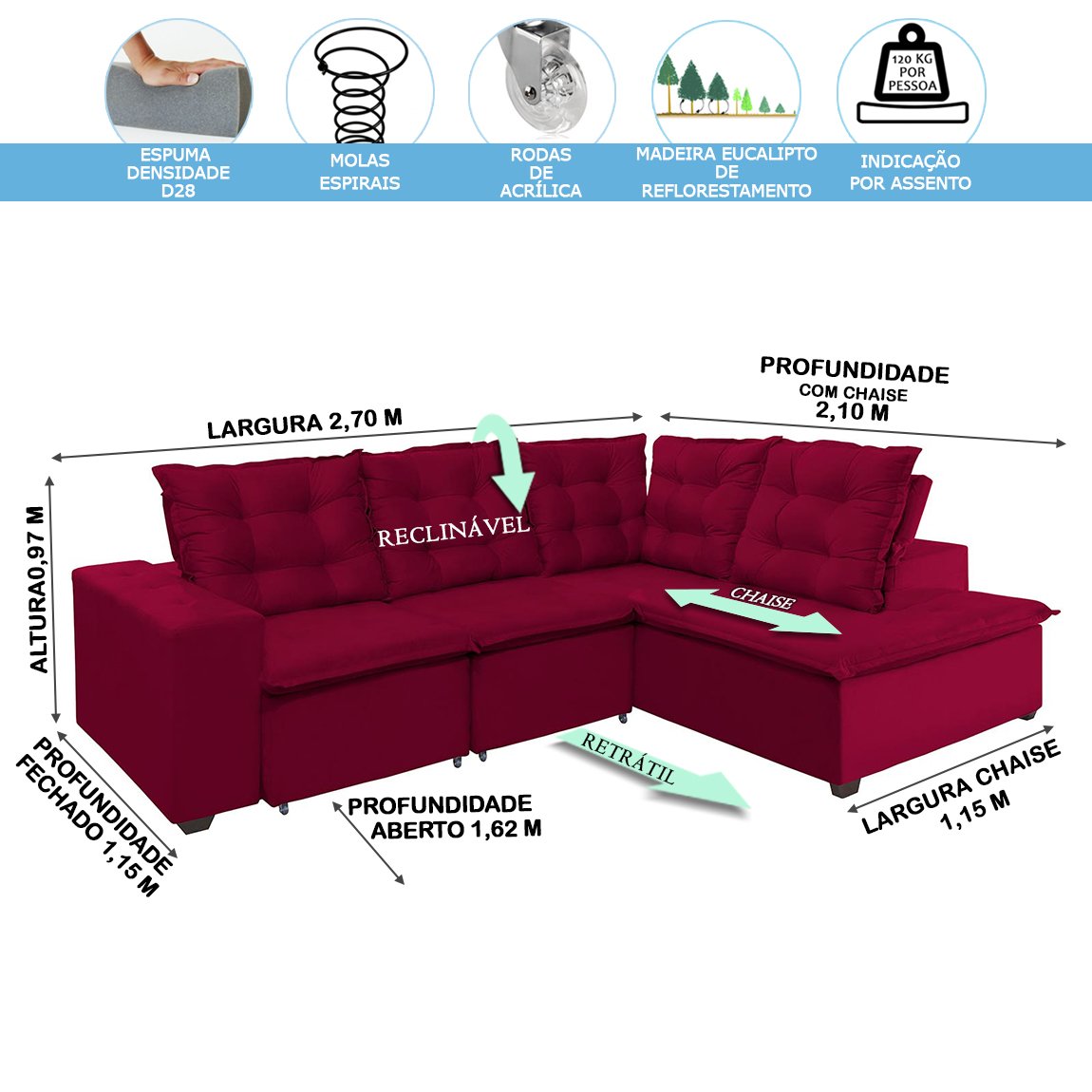 Sofá de Canto Montreal Retrátil, Reclinável, 4 Lugares 2,70x2,10 Metros, Chaise Fixo, Pillow Top, Ve - 4