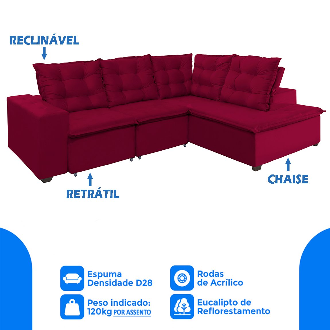 Sofá de Canto Montreal Retrátil, Reclinável, 4 Lugares 2,70x2,10 Metros, Chaise Fixo, Pillow Top, Ve - 3