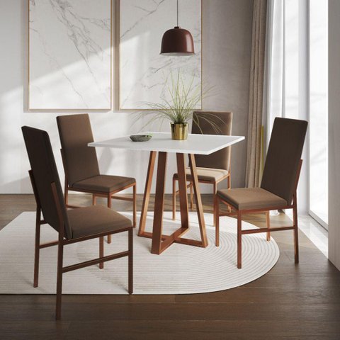 Conjunto de Jantar Mesa Mônaco Premium 90cm Branca com 4 Cadeiras Estofadas Marrom Base Cobre Preto