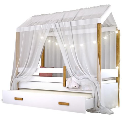 Cama Montessori com Auxiliar Cordão LED e Dossel - Branco Branco
