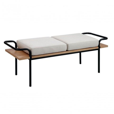 Banco Madeira Estofado Almofadas Tecido Bege Pés Metal Preto 1,45x0,46x0,50mt