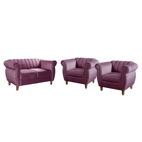 Conjunto Realeza Sofá com Poltronas Chesterfield Decoração Sala Recepção - Veludo Roxo