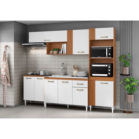 Cozinha Compacta Vitória Completa com Balcão para Pia 120cm sem Tampo/cuba - Cinamomo/branco Aramóve