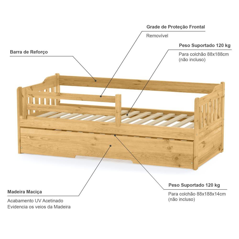 Bicama Infantil Premium com Grade de Proteção Madeira Maciça Mel Megamobilia - 4