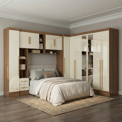 Guarda Roupa Casal Modulado 4 Peças 12 Portas 5 Gavetas com Espelho e Cabeceira 100% MDF Smart Cinam