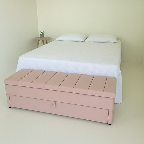 Baú Gaveta Casal Estofado em Módulos 140x50x45cm Baú na Cor Rosa