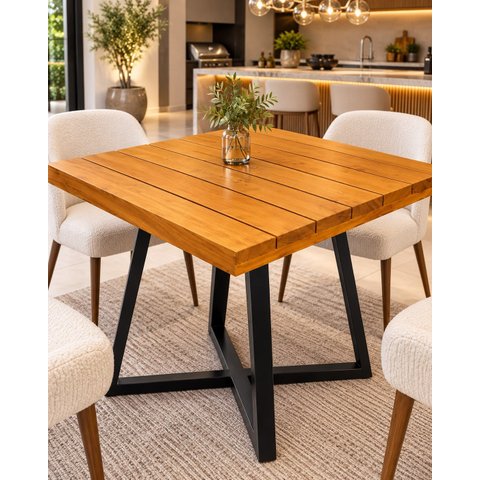 Mesa de Jantar Quadrada 70cm em Madeira Maciça e Pé de Ferro 4 Lugares