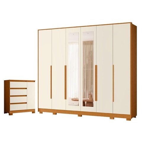 Guarda Roupa Casal Mercure com Espelho 6 Portas e Cômoda Sapateira Olimpia 04 Gavetas Cinamomo Off