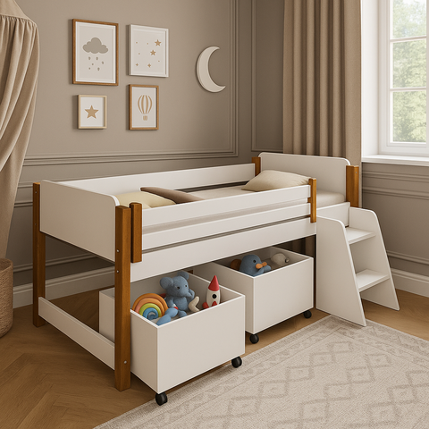 Cama Naty Solteiro com Nichos Baús e Escada - Branco
