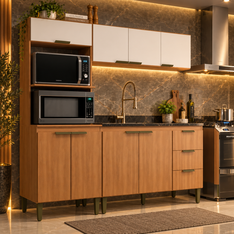 Cozinha Modulada Bia 183cm 8 Portas 3 Gavetas Freijó/Off White - J Carvalho