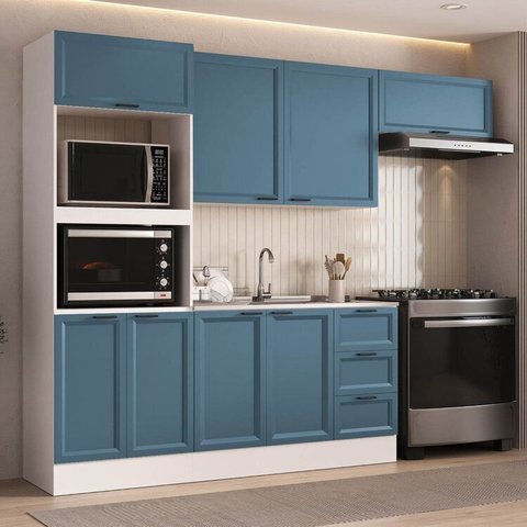 Cozinha Compacta 4 Peças 1 Paneleiro Torre Quente 2 Aéreos 1 Balcão Soho CabeCasa MadeiraOriginals Azul/Branco