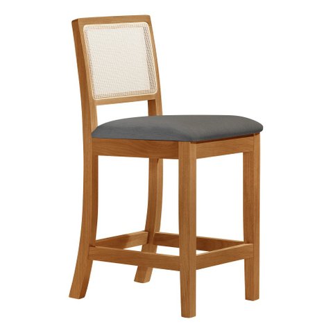 Banqueta Alta em Tela Sextavada Assento Estofado Linho Cinza Rubi Madeira Maciça Mel