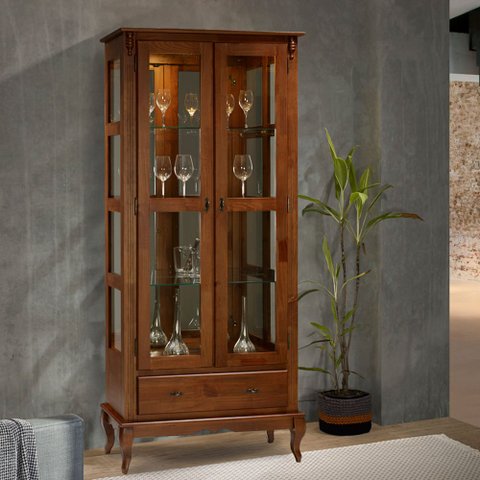 Cristaleira em Madeira com Espelho e LED 2 Portas e Laterais em Vidro 60303EL Linz Móveis - Imbuia