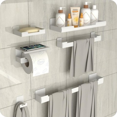 Kit Acessórios Para Banheiro Com Adesivo 7 Peças Branco ELG